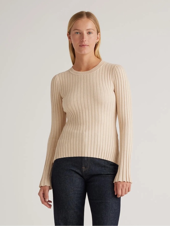 Quince Sweaters - Quince Cotton Cashmere Ribbed Long Sleeve Sweater Heather Oatmeal M